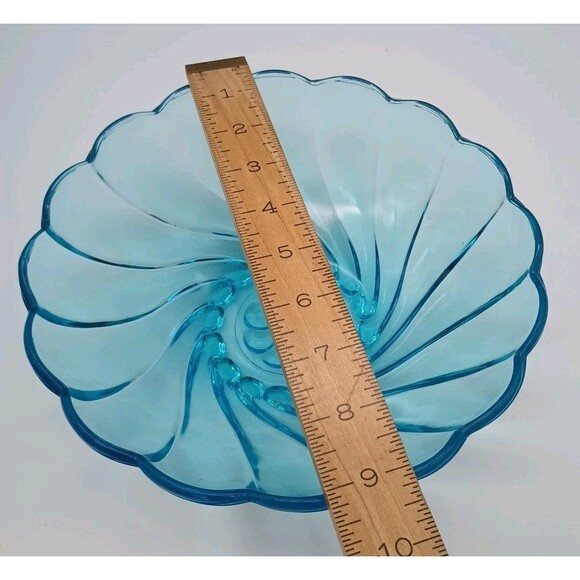 Vtg Hazel Atlas Glass Serving Bowl Dish  Turquoise AZURE BLUE Swirl Seashell 9" - Picture 3 of 5